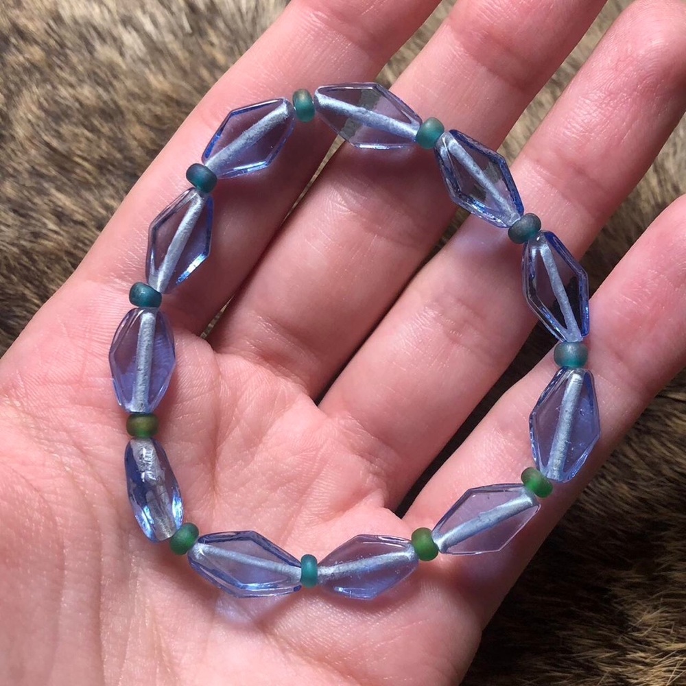 Blue glass and green sea glass stretchy elastic bracelet